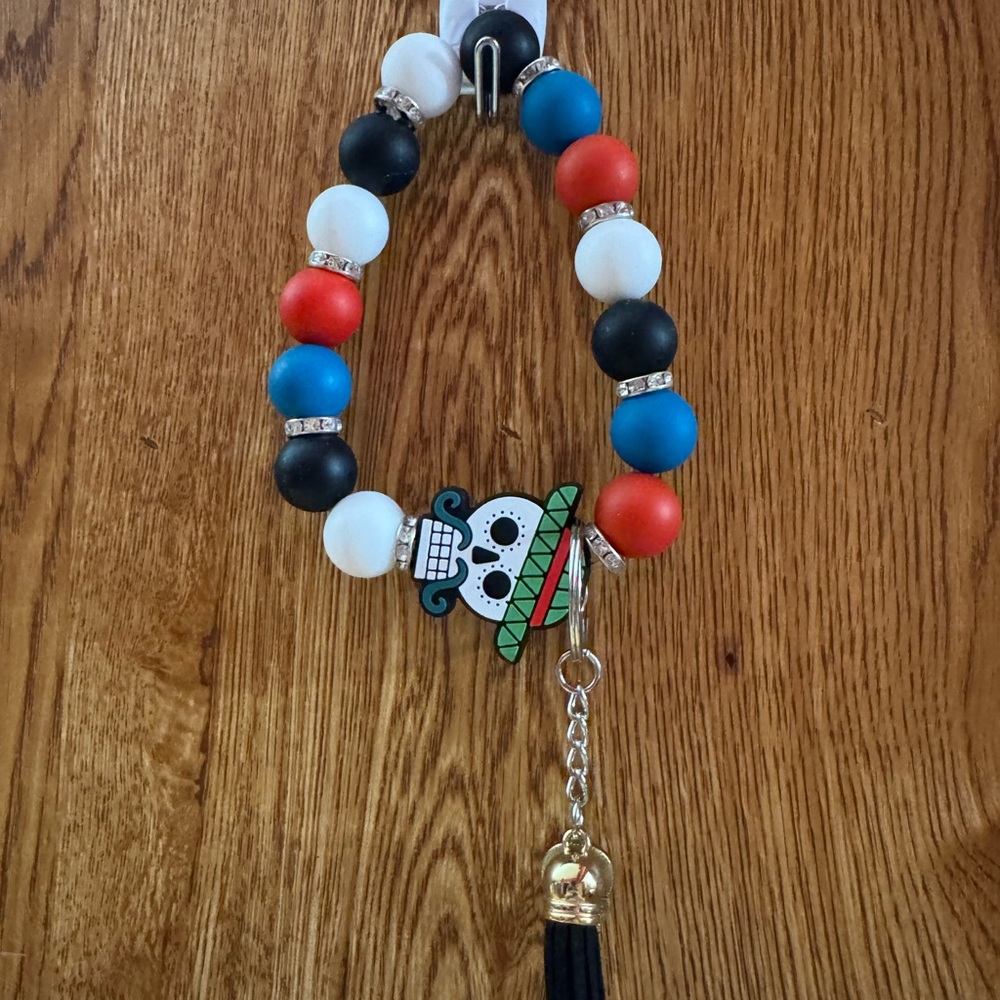 Multicolor Beaded Bracelet Keychain with Skull Charm